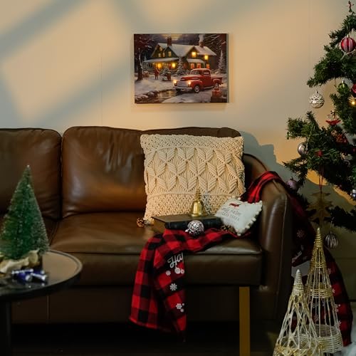 Nikky Home 16 x 12 LED Lighted Christmas Canvas Wall Art – Red Truck & Snow House