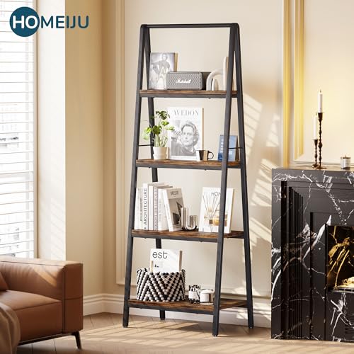 4-Tier Leaning Ladder Bookshelf, Industrial Wood Storage Rack for Home Office