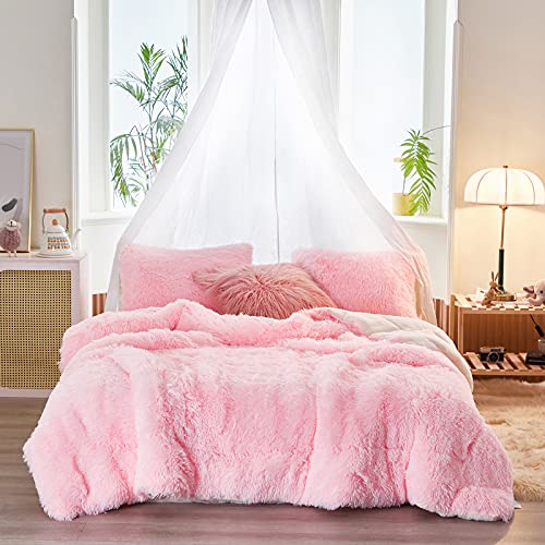 Reversible Plush Shaggy Comforter Set - Twin Size, Pink, 3 Pieces