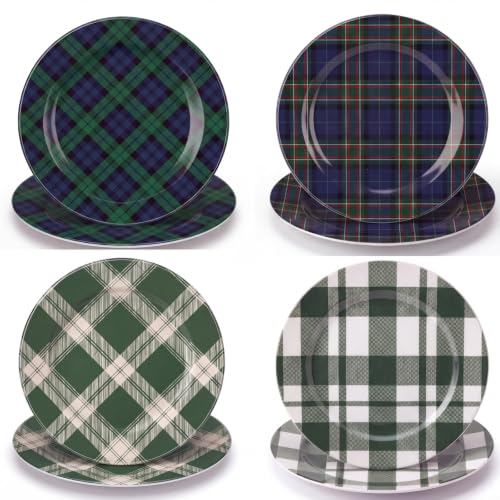 Christmas Green Plaid Melamine Salad Plates Set of 8 - 8 Inch Holiday Dinnerware