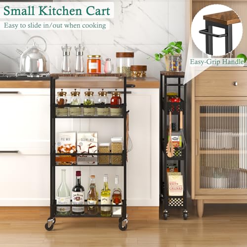 4-Tier Slim Rolling Storage Cart - 5" Narrow Utility Organizer with Wood Top