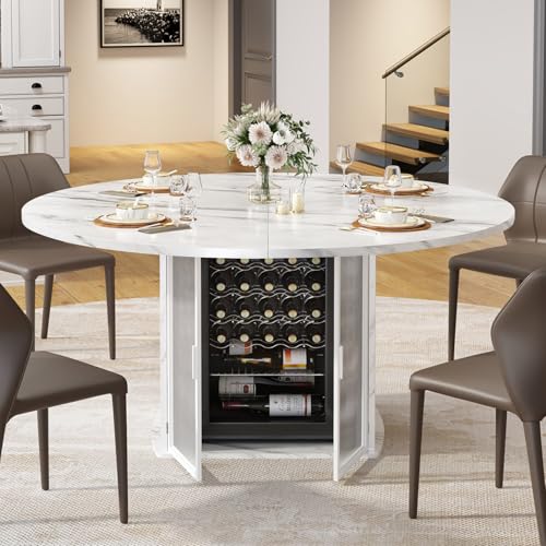 47-Inch Round Faux Marble Dining Table with Storage Cabinet and Fridge Space