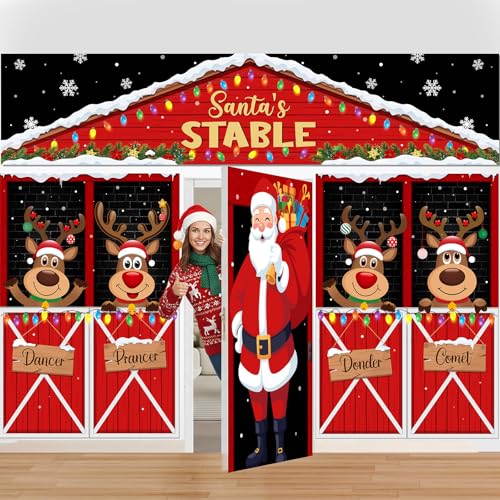 Farmhouse Christmas Door Decorations 4-Pc Set | Santa Reindeer Holiday Banner