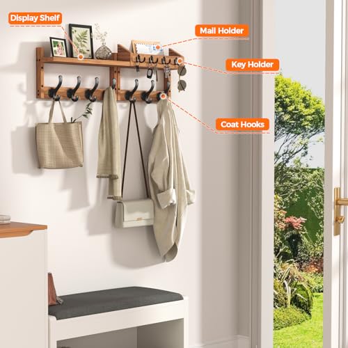 29-Inch Wall Mounted Coat Rack with Shelf and 11 Hooks, Wood Entryway Organizer