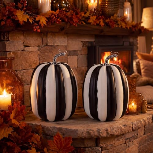 2 Pcs Large Artificial Foam Pumpkins, 8.6-Inch Black and White Striped Decor