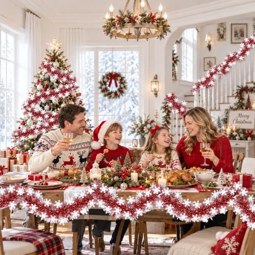 Sakayo 50FT Red & White Christmas Tinsel Snowflake Garland, Indoor Outdoor Holiday Decor