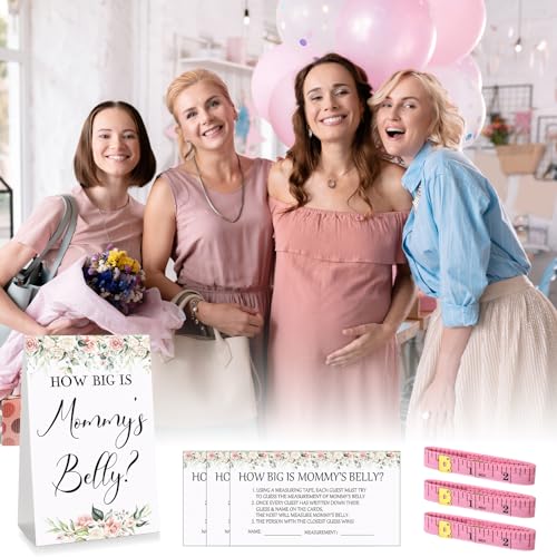 64-Piece Measure the Bump Baby Shower Game Set with Floral Sign and Cards