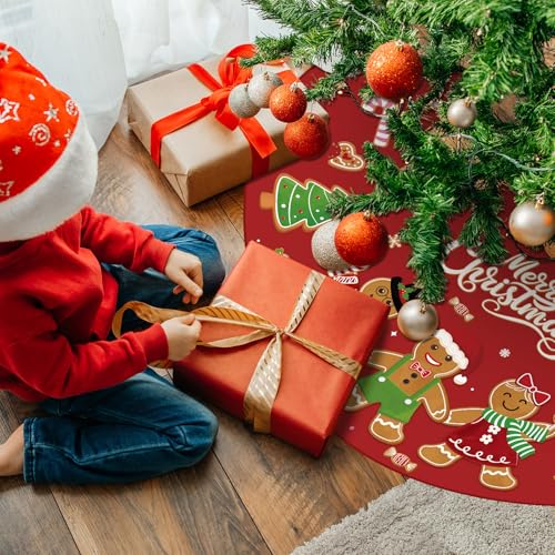 Marspark 60 Inch Red Gingerbread Christmas Tree Skirt - Festive Holiday Decor