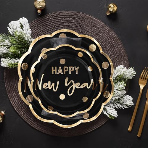 LeZakaa 25Pcs Christmas Paper Plates 7 Inch Black & Gold New Year Design