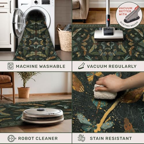 Dark Green 2'6"x10' Runner Rug, Washable Non-Slip Vintage Insect Hallway Carpet