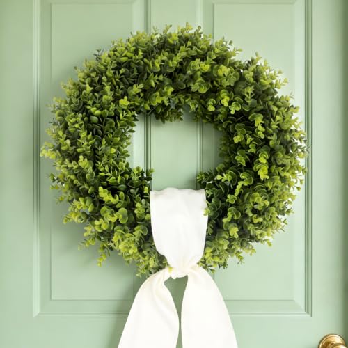 24-Inch Artificial Boxwood Wreath for Front Door - UV-Resistant Greenery