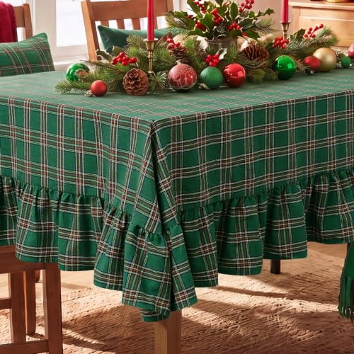 Romanstile Christmas Green Plaid Tablecloth with 6-Inch Ruffle, 60 x 120 inches