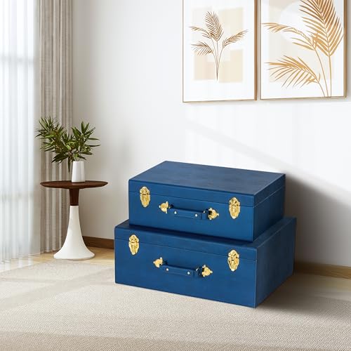 Set of 2 Decorative Storage Trunks, Modern Shagreen Leather Chests with Handles