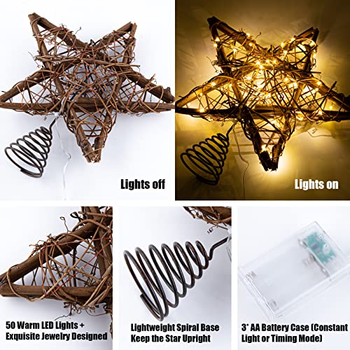Natural Rattan Star Christmas Tree Topper with 50 Warm LED Lights
