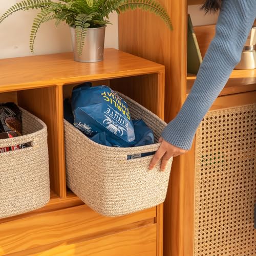 4 Pack Cotton Rope Storage Baskets Rectangular Cube Bins with Handles
