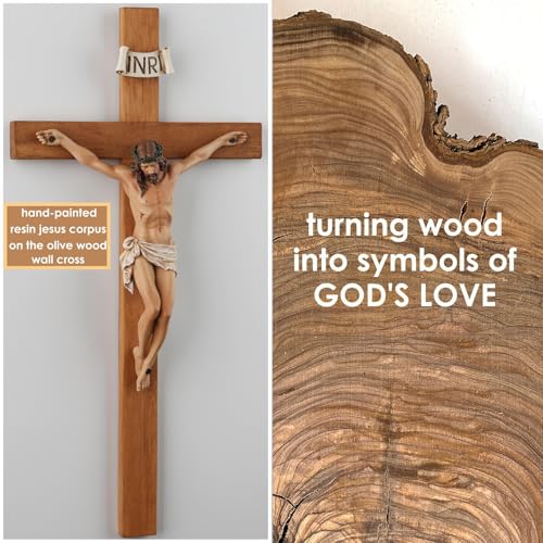 14-Inch Olive Wood Wall Crucifix - Handcrafted Catholic Religious Decor