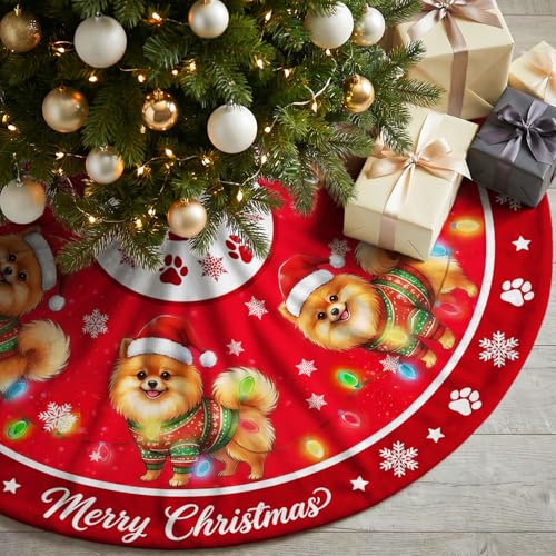 Pomeranian Christmas Tree Skirt 48” - Indoor/Outdoor Holiday Decor for Pets