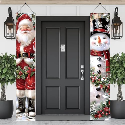 Saoplasa 2PCS Christmas Porch Banner Decorations Santa and Snowman Outdoor Sign 71x12 Inch Holiday Front Door Decor