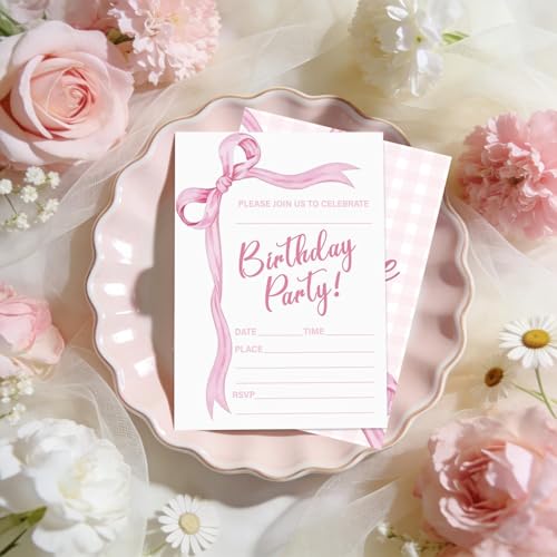 Pink Bow Birthday Invitations - 20 Sets with Envelopes & Stickers