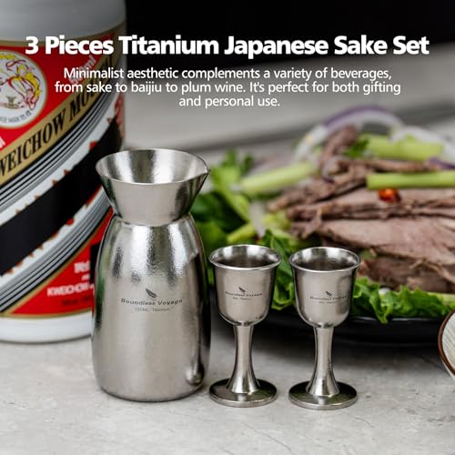 Boundless Voyage Titanium Sake Set 3 Pieces - 150ml Carafe & Cups for Japanese Wine, Outdoor & Travel Drinkware