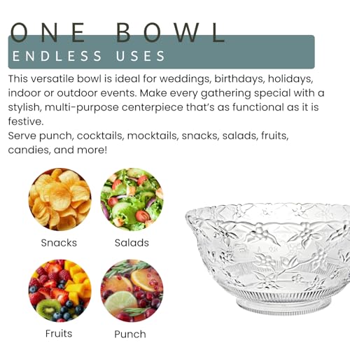 Large 3-Gallon Plastic Punch Bowl with Ladle, Embossed Clear Serving Bowl