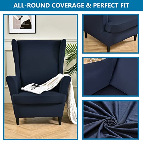 Stretch Spandex Wingback Chair Slipcovers - 2 Piece Set, Navy Blue