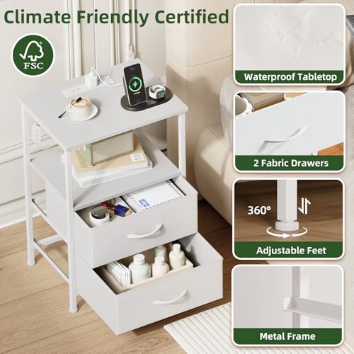 LED Nightstand with Charging Station & 2 Drawers - White Bedside Table