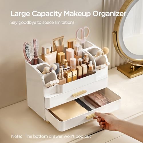 HBlife All White Large Makeup Organizer with Brush Holder & Drawers