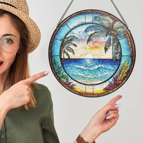9.8-Inch Ocean Wave Stained Glass Suncatcher for Home Decor