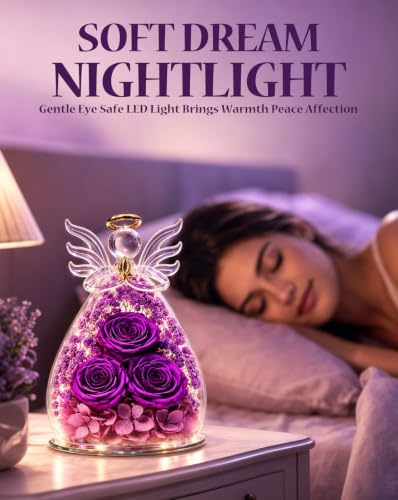 Preserved Rose in Glass Angel Figurine with LED Lights - Eternal Flower Gift