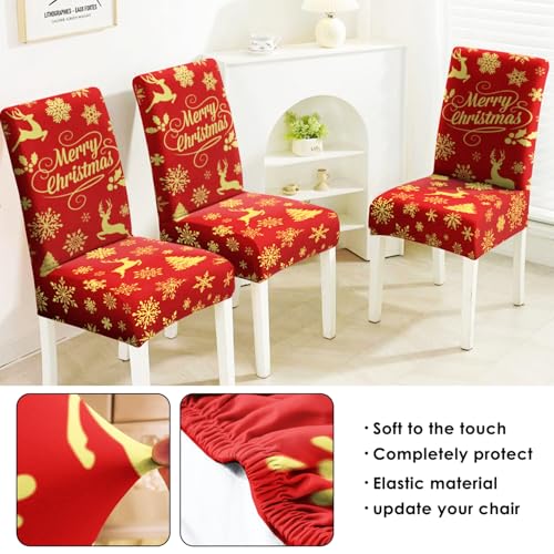 Red Snowflake Xmas Chair Covers Set of 6 - Elastic Removable Washable Dining Slipcovers for Holiday Decor