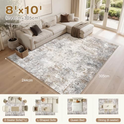 8x10 Abstract Area Rug, Washable Neutral Modern Carpet for Living Room
