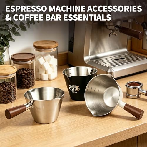 Silver 4Oz Stainless Steel Espresso Shot Cups with Measurement & Walnut Handle