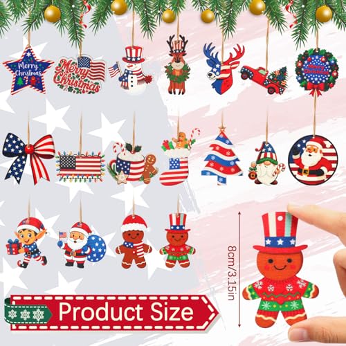 36PCS Patriotic Wooden Christmas Ornaments - Red White Blue Holiday Decor