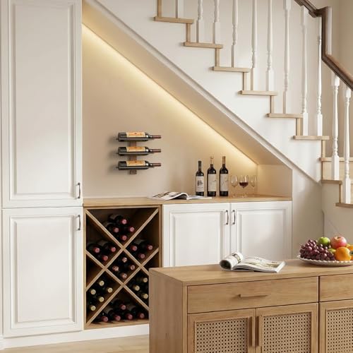Wall Mounted Wine Rack - 3 Bottle Wood and Metal Display Shelf for Small Spaces