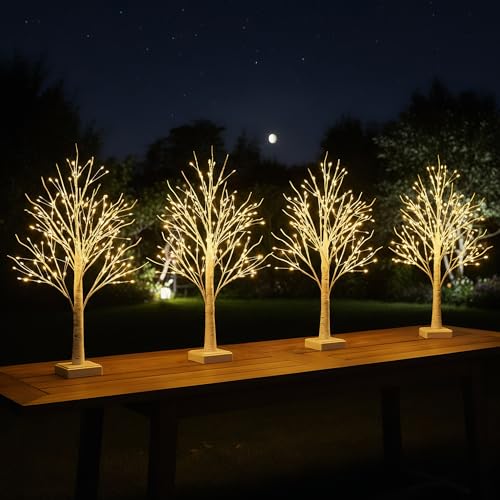 2 Pack BHGNEJN Small Lighted Artificial Birch Trees with Timer, 144 LEDs, 2ft Warm White Tabletop Decor for Bedroom & Holidays