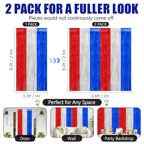Patriotic Red White and Blue Tinsel Foil Fringe Curtain Backdrop - 2 Pack