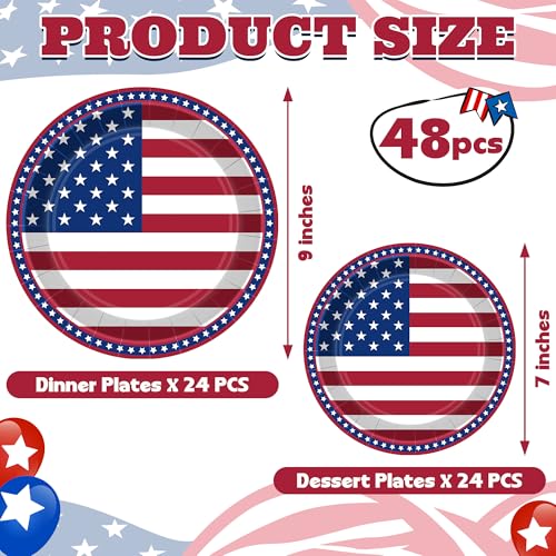 Patriotic 48-Pack 7in & 9in Red White Blue Paper Plates – 24 Dinner + 24 Dessert