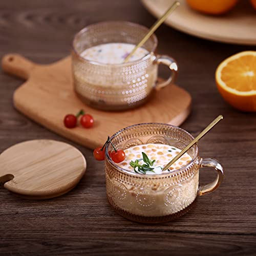 JVJRFQ Amber Vintage Glass Coffee Mugs Set of 2 with Bamboo Lids & Spoons, 14 Oz Breakfast Cups for Coffee & Yogurt
