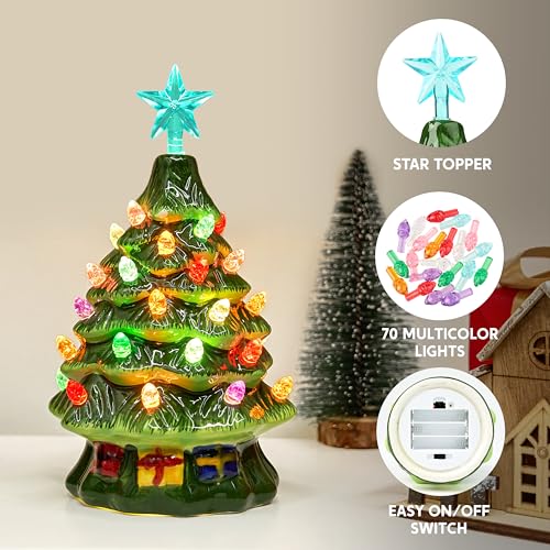 Joiedomi 7in Ceramic Christmas Tree with Gift Box - Green, Multicolor Lights