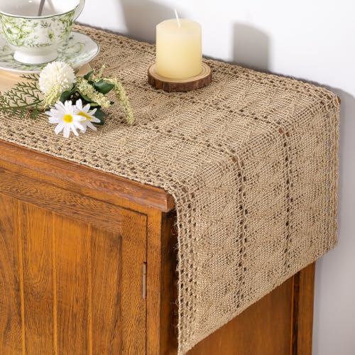 Boho Macrame Table Runner - Rustic Woven Cotton Linen (12 x 36 in)