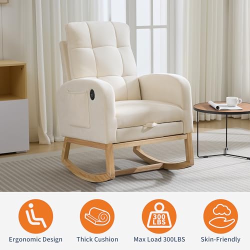 Modern Nursery Rocking Chair with Glider, Footrest, and USB Port - Beige