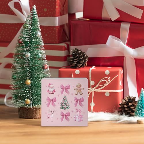 Nvotell Pink Coquette Christmas Sign - 5x5 Inch Wooden Box Decor with Santa, Tree & Bow