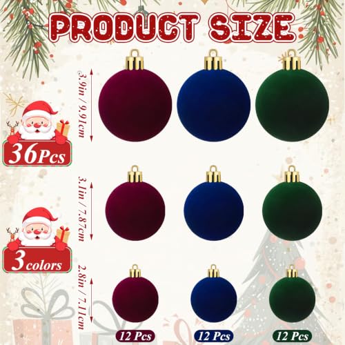 Foilswirl Velvet Christmas Ornaments Set 36 Pcs in Red Green Blue 3.9/3.1/2.8 inch