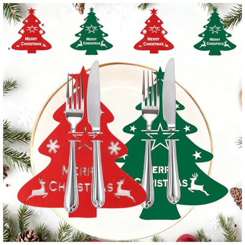 Dudodikor 4Pcs Christmas Silverware & Placemat Set Red & Green Tree Design