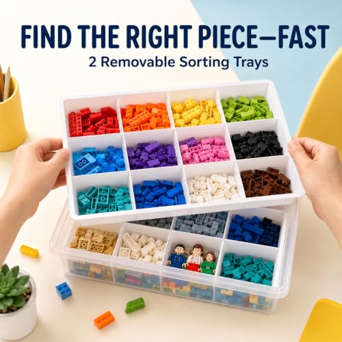 Stackable Building Block Organizer Box with 3 Removable Sorting Trays