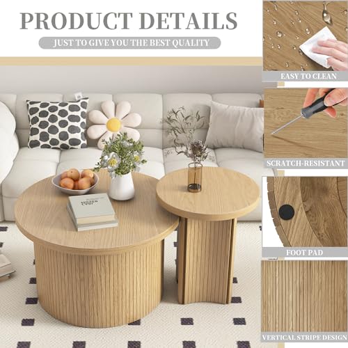 Round Nesting Coffee Table Set of 2, Rustic Wood Finish Stackable Side Tables