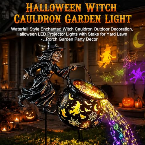 Halloween Flying Witch Cauldron Garden Stake Light with LED Projector