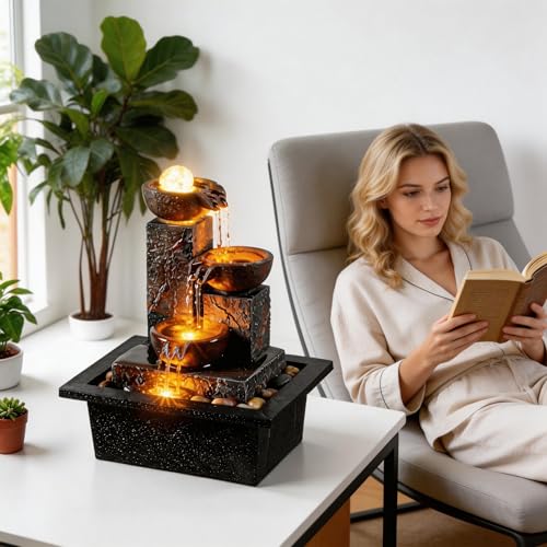 Tabletop Water Fountain with Rotating Ball & Warm LED Light - Zen Decor