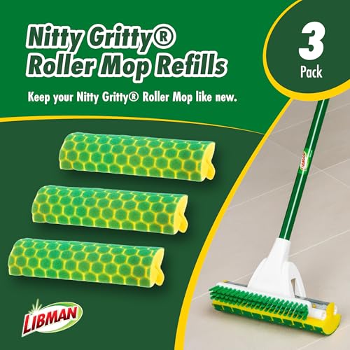 Libman Nitty Gritty Roller Mop Refills | Scrub Mop | Wet Mop | Mops for Floor Cleaning | Sponge Mop | Self Wringing Wood Floor Mop | | 3 Replacement Mop Heads Included